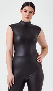 Spanx: Leather Mock Neck Bodysuit in Luxe black