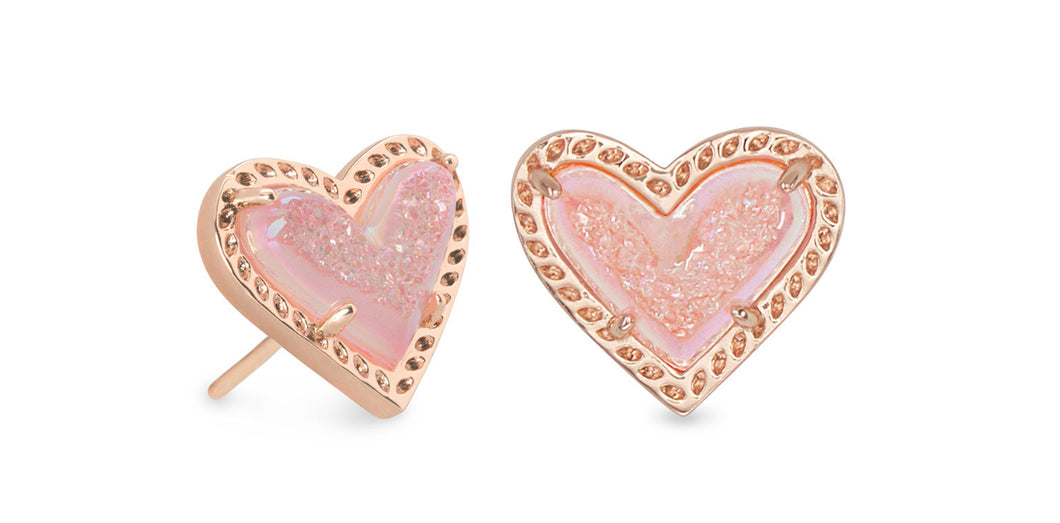 Kendra Scott: Framed Ari Heart Stud Earrings in Gold Light Pink Drusy