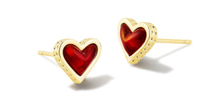 Kendra Scott: Framed Ari Heart Stud Earrings in Gold Red Oplscnt Resin