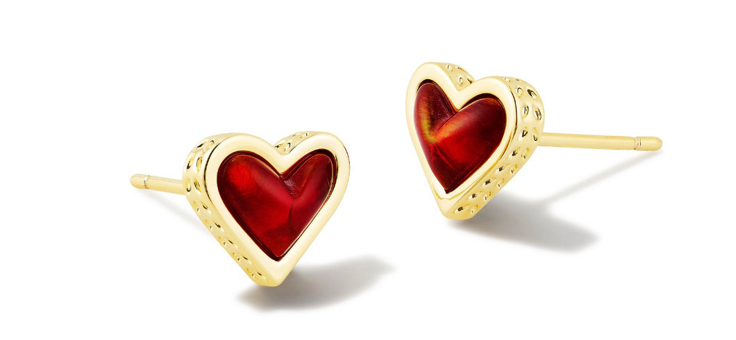 Kendra Scott: Framed Ari Heart Stud Earrings in Gold Red Oplscnt Resin