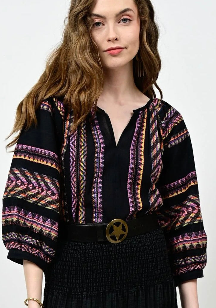 Ivy Jane: Black Multi Color Peasant Top