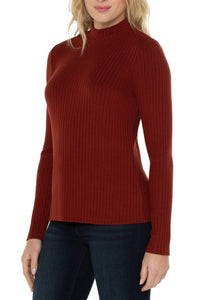 Liverpool: Long Sleeve Mock Neck Rib Knit Top in Deep Cinnamon