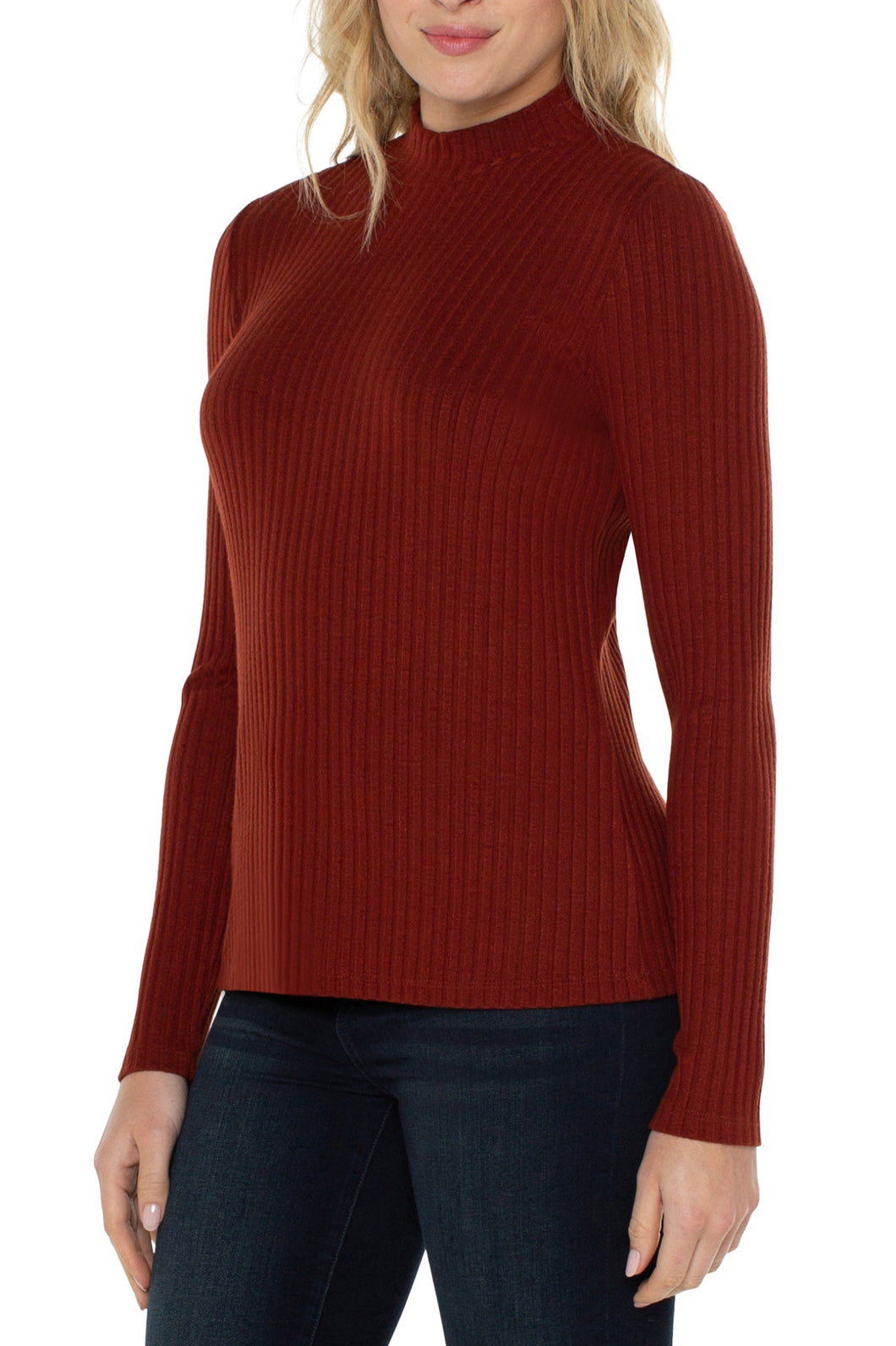 Liverpool: Long Sleeve Mock Neck Rib Knit Top in Deep Cinnamon
