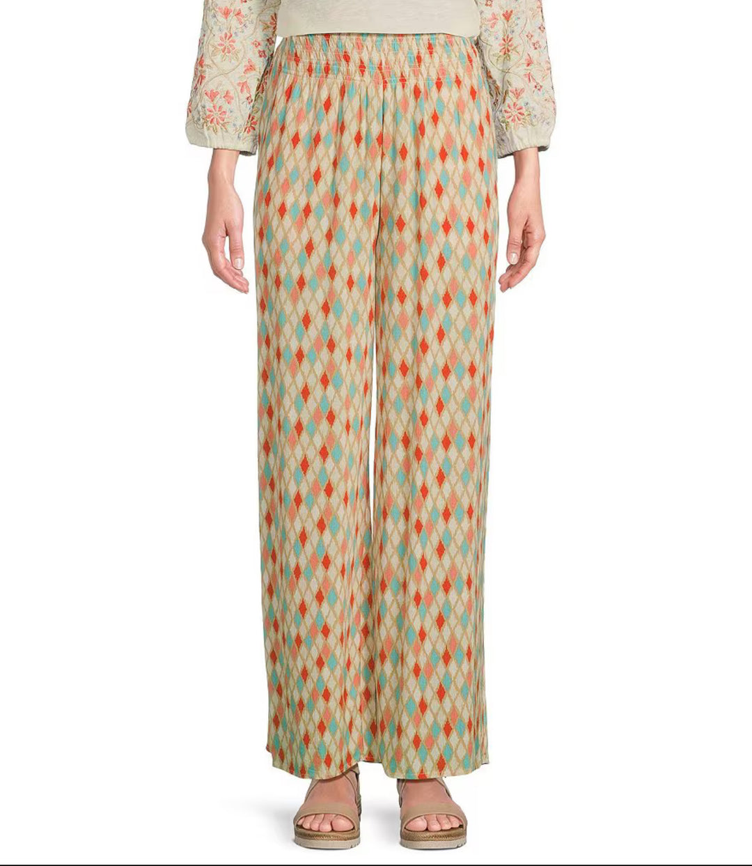 Multiples: Elastic Shirred Waist Pull-On Wide Leg Pants in DIAMLT M34705PM