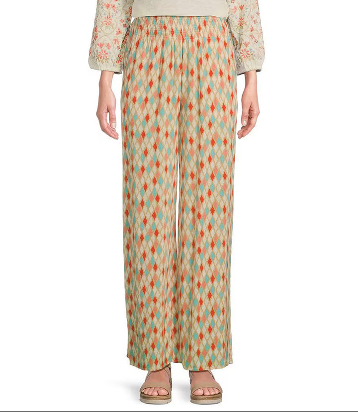Multiples: Elastic Shirred Waist Pull-On Wide Leg Pants in DIAMLT M34705PM