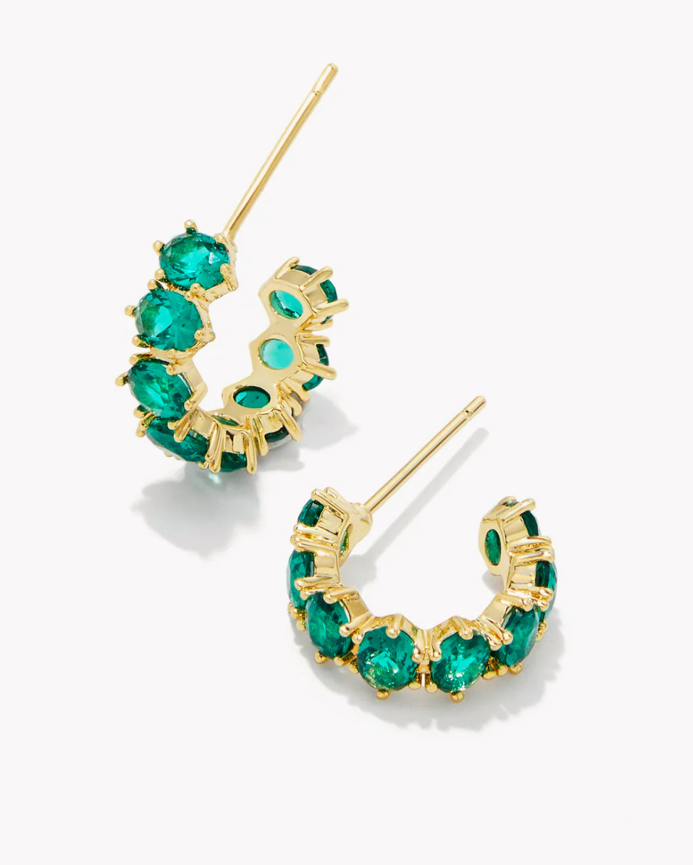 Kendra Scott: Cailin Gold Crystal Huggie Earrings in Green Crystal