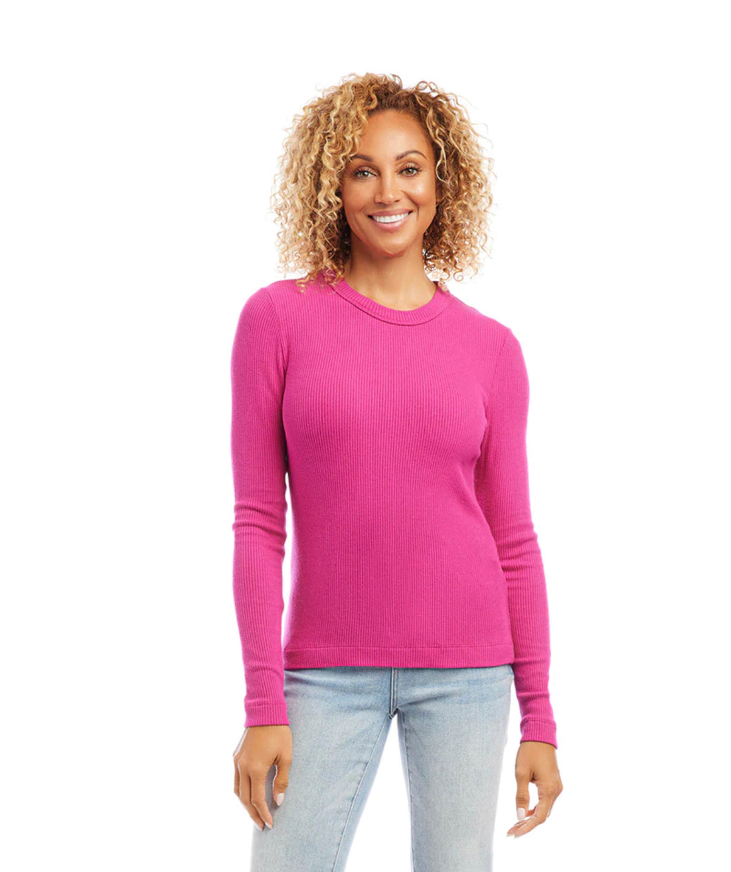 Karen Kane: Long Sleeve Crew Neck Top in Hot Pink