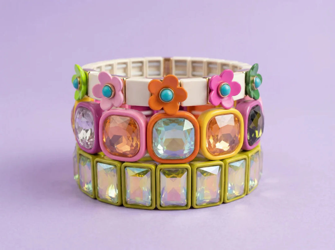 Taylor Elliott: Enamel Stretch Bracelet Rectangle Gems Estelle in Green (B-81)