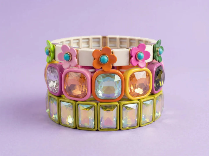 Taylor Elliott: Enamel Stretch Bracelet Rectangle Gems Estelle in Green (B-81)