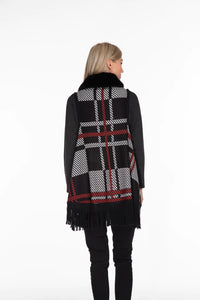 Multiples: Fringe Plaid Sweater Knit Vest with Solid Faux Fur Collar