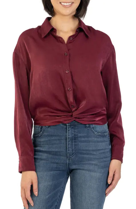 KUT: Delanie Front Knot Long Sleeve Shirt in Wine