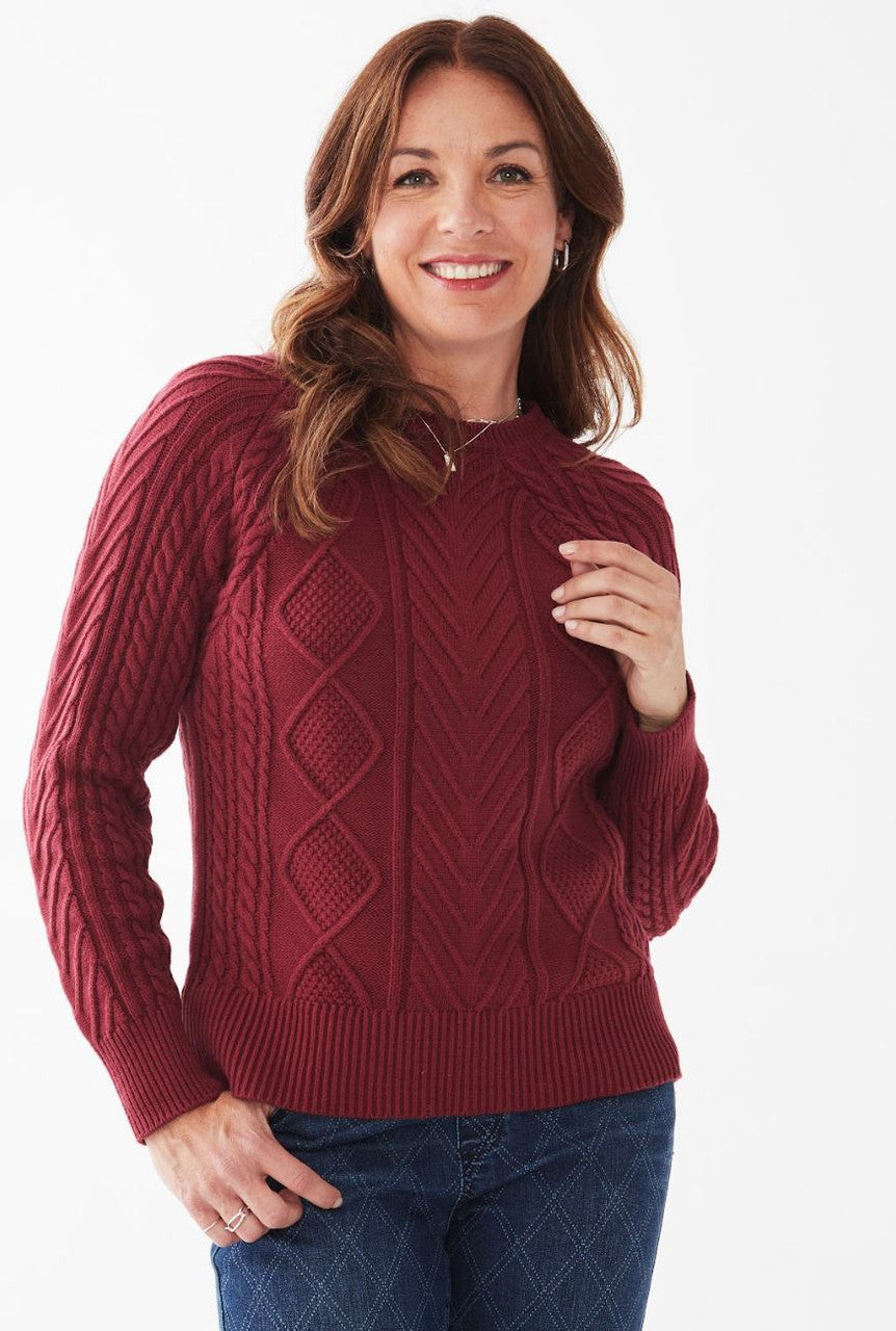 French Dressing Jeans: A Line Cable Knit Sweater Raglan Sweater In Cabernet
