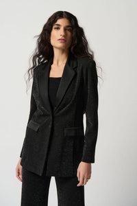 Joseph Ribkoff: Black Metallic Knit Blazer With Satin Lapel