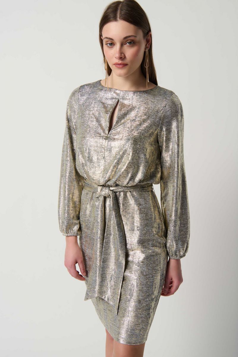 Joseph Ribkoff: Gold/Grey Foiled Knit Sheath Dress With Puff Sleeves