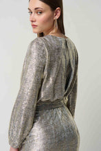 Load image into Gallery viewer, Joseph Ribkoff: Gold/Grey Foiled Knit Sheath Dress With Puff Sleeves
