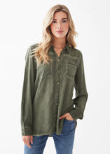Load image into Gallery viewer, French Dressing Jeans: Pigment Dye Long Sleeve Roll Up Tab Shirt in Olive
