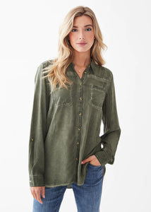 French Dressing Jeans: Pigment Dye Long Sleeve Roll Up Tab Shirt in Olive