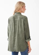 Load image into Gallery viewer, French Dressing Jeans: Pigment Dye Long Sleeve Roll Up Tab Shirt in Olive
