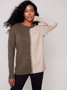Charlie B: Color Clocking Sweater with Stitch Detail in Spruce