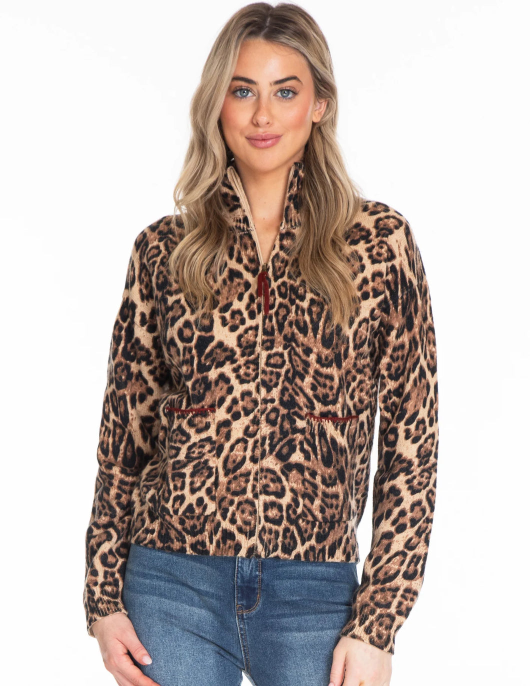 Tru Luxe: Zip Front Animal Print Sweater with Crochet Trims in Camel