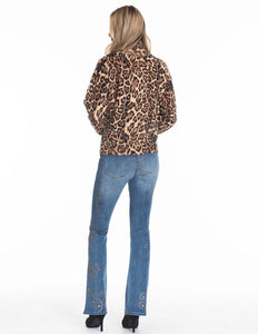 Tru Luxe: Zip Front Animal Print Sweater with Crochet Trims in Camel