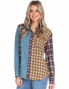 Tru Luxe: Mixed Plaid Button Up Shirt in Multi