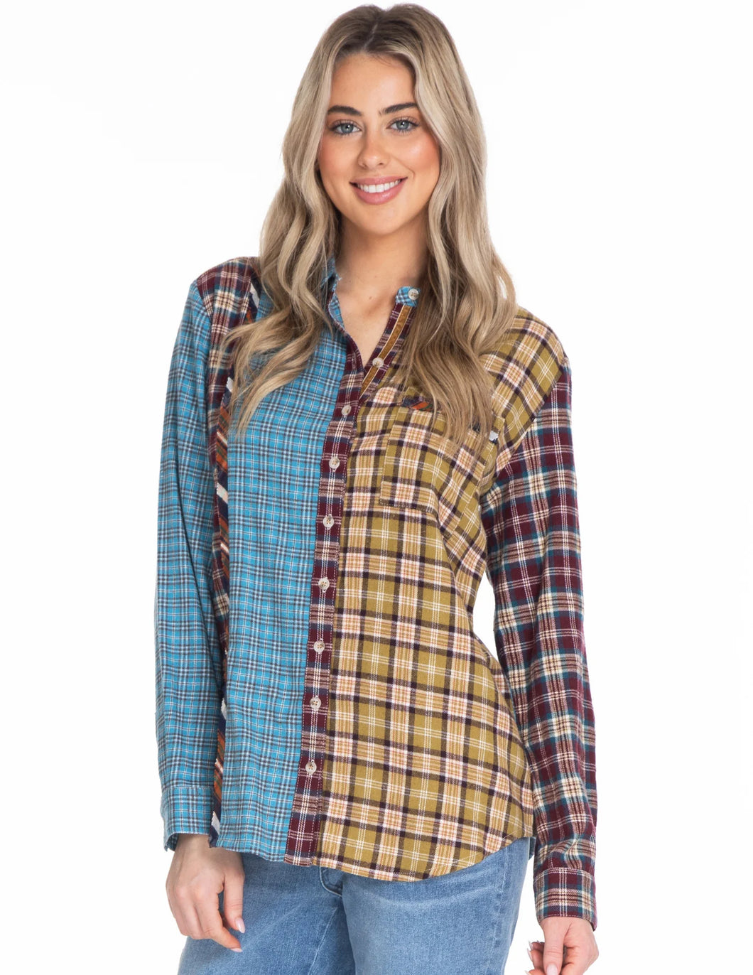 Tru Luxe: Mixed Plaid Button Up Shirt in Multi