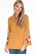 Load image into Gallery viewer, Multiples: Cowl Collar Embroidered Fuzzy Top in Rich Camel
