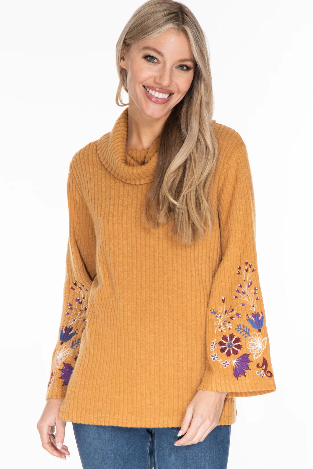 Multiples: Cowl Collar Embroidered Fuzzy Top in Rich Camel