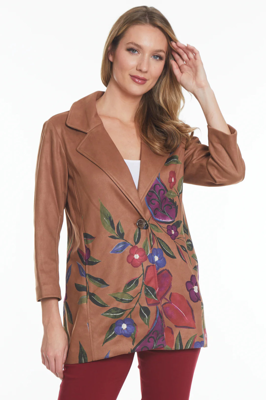 Multiples: Button Front Floral Print Faux Suede Jacket