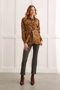 Tribal: Long Printed Jacket with Removable Belt in Teakwood