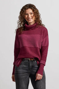 Tribal: T-Neck High Low Sweater with Side Slits in Redwine