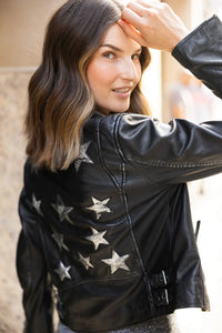 Mauritius: Christy RF Star Detail Leather Jacket in Black Silver