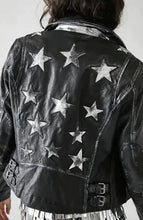 Load image into Gallery viewer, Mauritius: Christy RF Star Detail Leather Jacket in Black Silver
