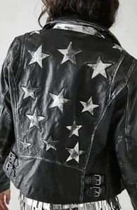 Mauritius: Christy RF Star Detail Leather Jacket in Black Silver