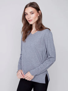 Charlie B: V-Neck Basic Sweater in H. Grey