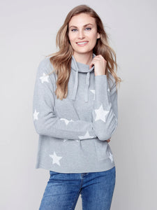 Charlie B: Printed Ottoman Cotton Funnel Neck Sweater in H. Grey