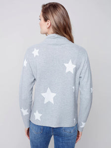 Charlie B: Printed Ottoman Cotton Funnel Neck Sweater in H. Grey