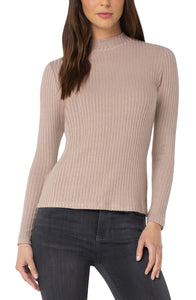 Liverpool: Long Sleeve Mock Neck Rib Knit Top in Sandstone Tan