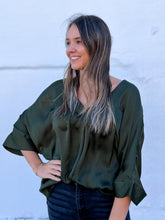 Load image into Gallery viewer, Glam: V-Neck Wide Sleeve Satin Top in Olive GT7213
