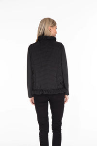 Multiples: Zip Front Ruffle Trim Woven Solid Quilted Vest in Black