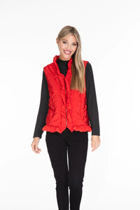Multiples: Zip Front Ruffle Trim Woven Solid Quilted Vest in Ruby Red