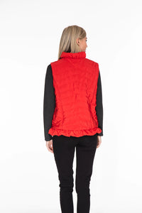 Multiples: Zip Front Ruffle Trim Woven Solid Quilted Vest in Ruby Red