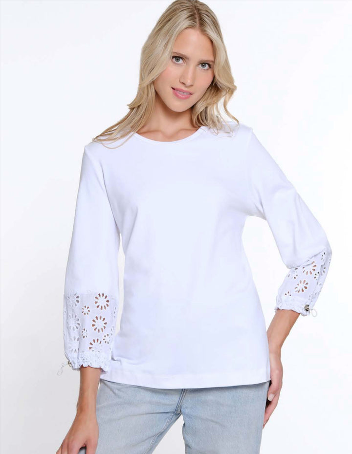 Multiples: Drawstring 3/4 Sleeve Crew Neck Top in White M15512TM