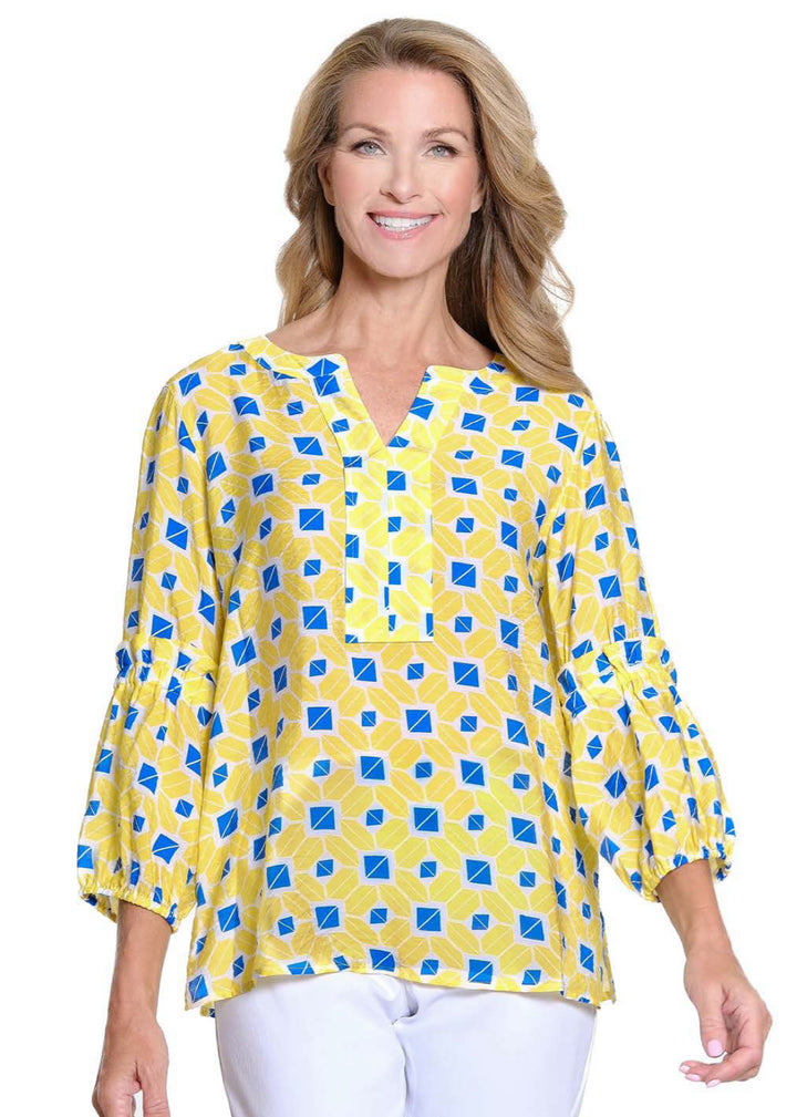 Multiples: (Summer Breeze) 3/4 Bell Sleeve Band Collar Crinkle Woven Top in Multi M25610TM