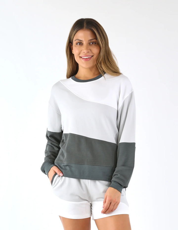 Glyder: Asymetric Long Sleeve Crew in Carbon/Ash Grey White