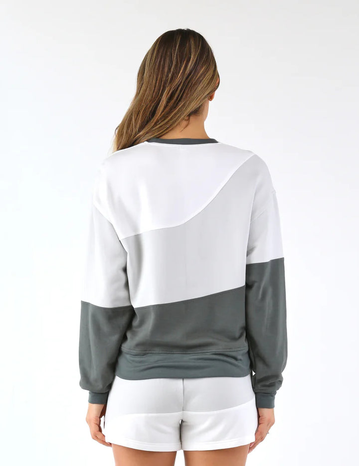 Glyder: Asymetric Long Sleeve Crew in Carbon/Ash Grey White