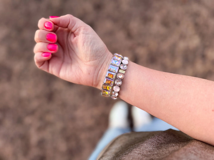 Taylor Elliott Designs: Enamel Stretch Bracelet Rectangle Gems Estelle Silver in Iridescent (B-75)