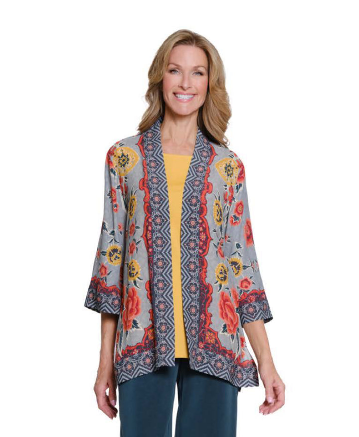 Multiples:  (Sun Stone) 3/4 Sleeve Banded Open Front Jacket in Multi