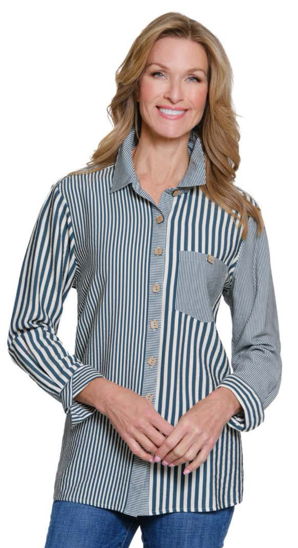Multiples:  (Sun Stone) Turn-Up Cuff Long Sleeve Hi-Lo Shirt in Deep Green(M35609BM)